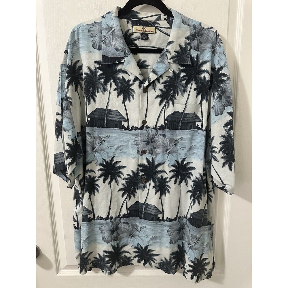 Tommy Bahama Hawaiian Silk Shirt Mens XL Blue Short Sleeve Aloha Hibiscus